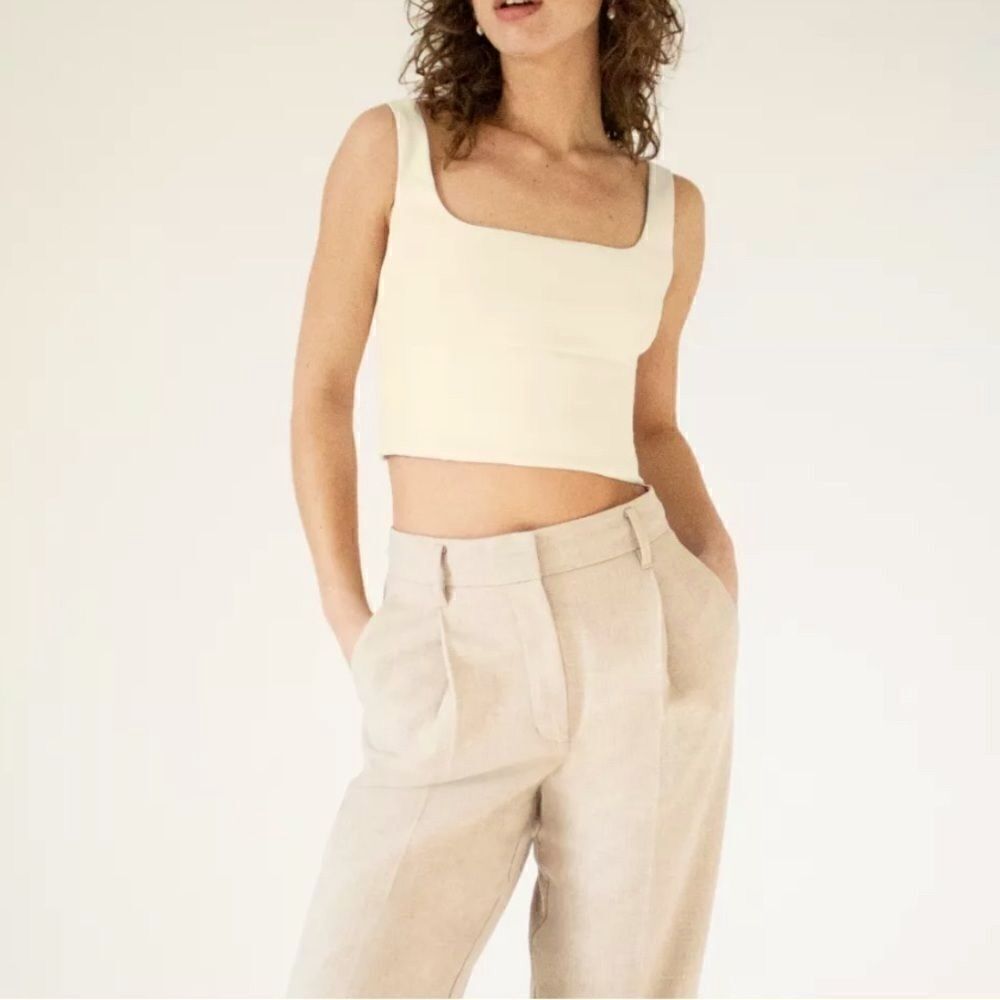 Aritzia Wilfred Cream and Tan Crop-top Faux Leather Slim Fit Tank Top Deadstock